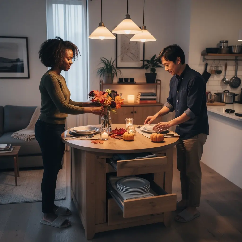 Stylowa łazienka z minimalistycznymi rozwiązaniami przechowywania i miękkim światłem.