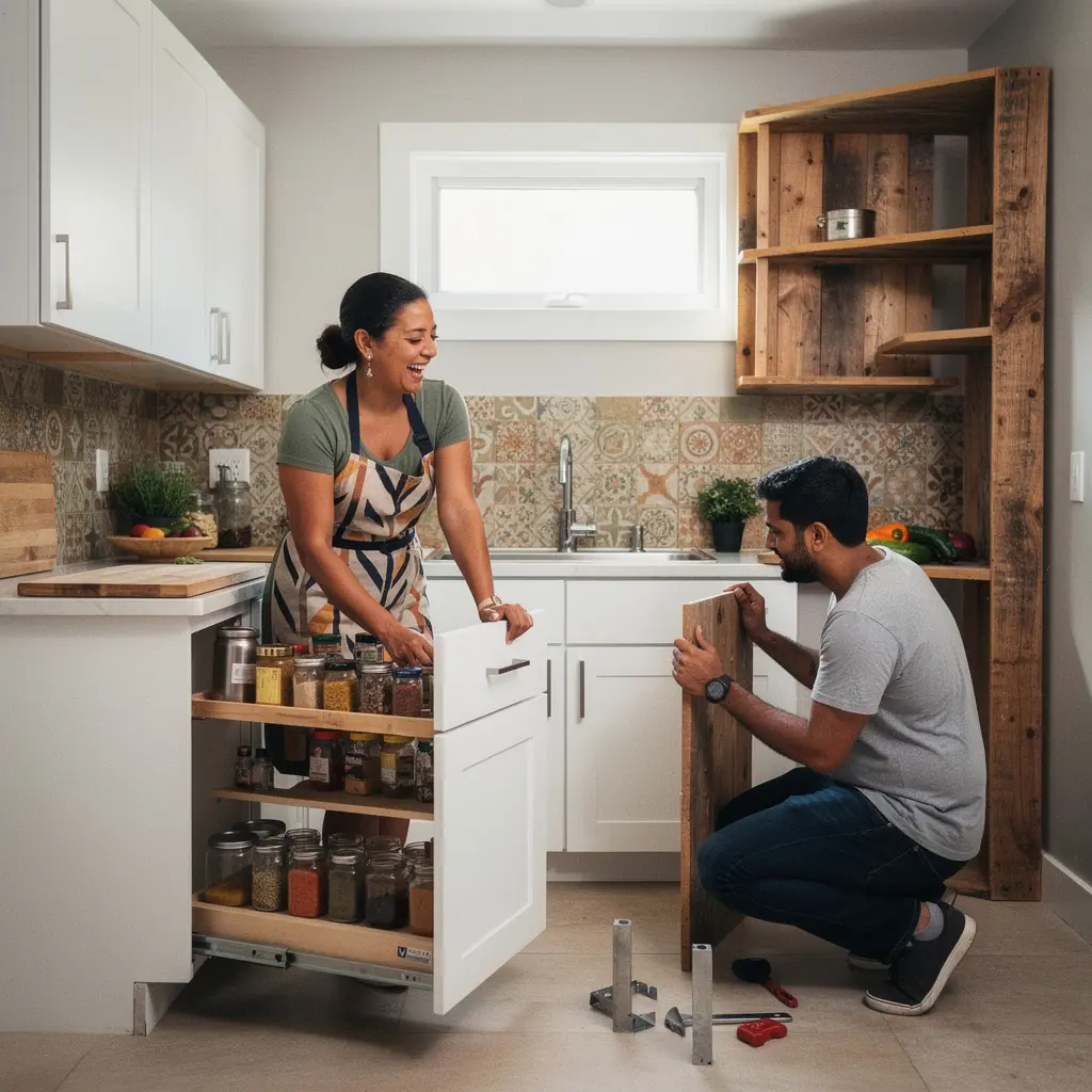 Biurko w kącie mieszkania z praktycznymi półkami i naturalnym światłem wpadającym przez okno.