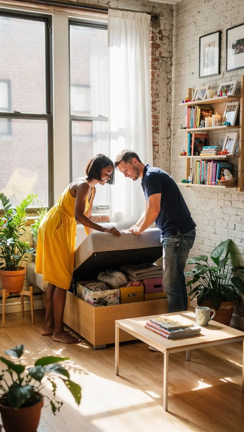 Łazienka z minimalistycznym designem, wykorzystująca przestrzeń do przechowywania kosmetyków.