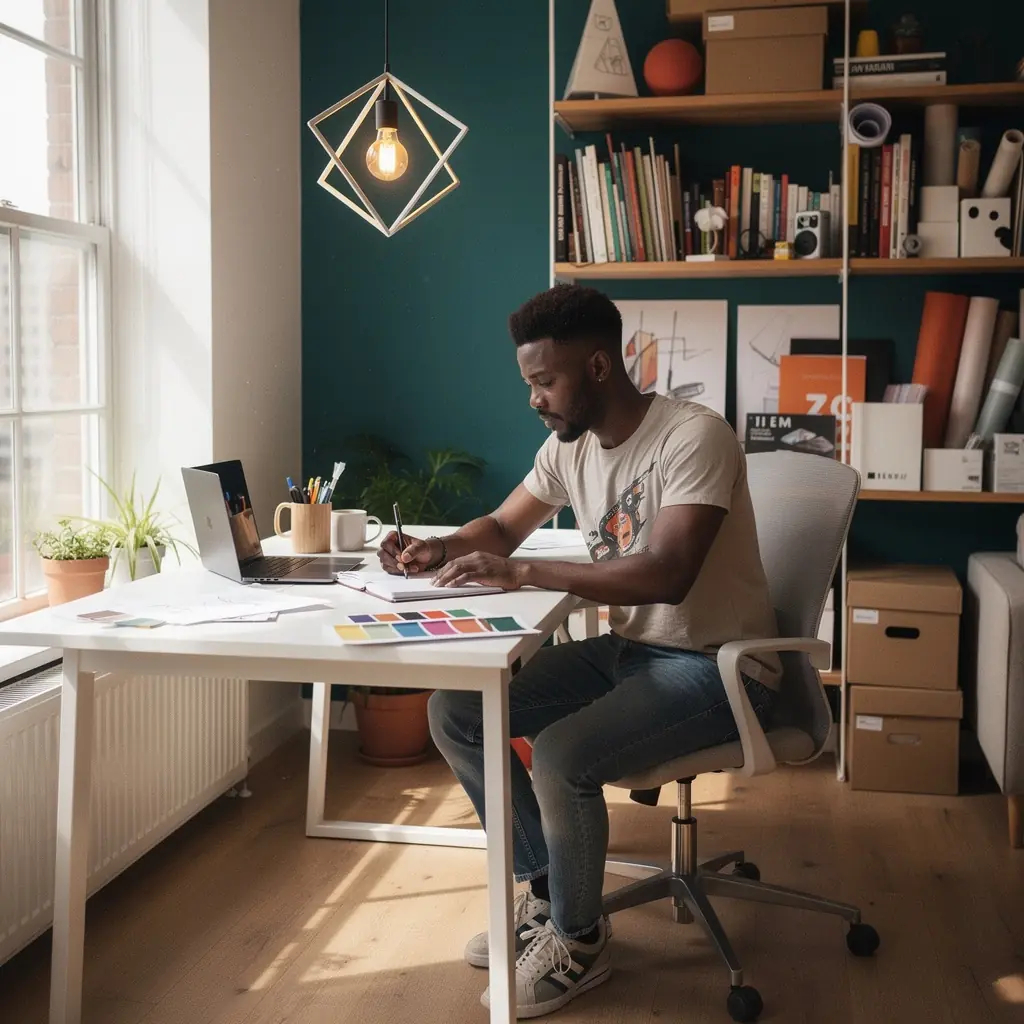 Pokój dzienny z wielofunkcyjnymi meblami i oświetleniem LED podkreślającym detale wnętrza.