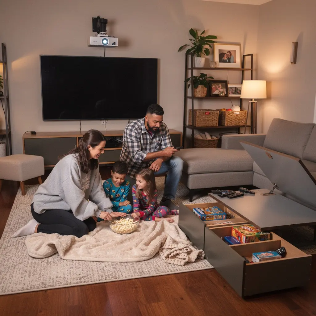 Nowoczesny salon w małym mieszkaniu z inteligentnymi rozwiązaniami przechowywania.